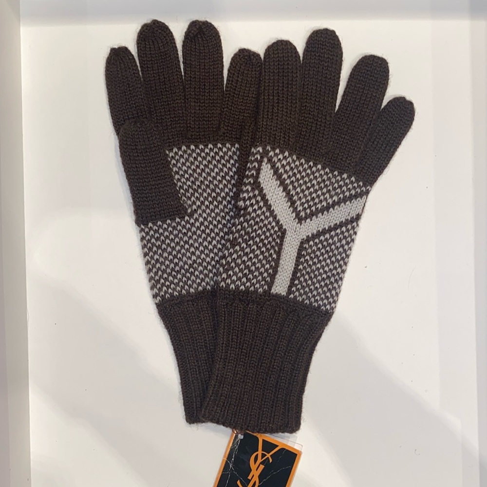 🔥❤️ YSL NWTs Unisex Brown & Cream Wool Winter Gloves